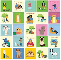 Collection of people with pets. Set of men and women holding their domestic animals.