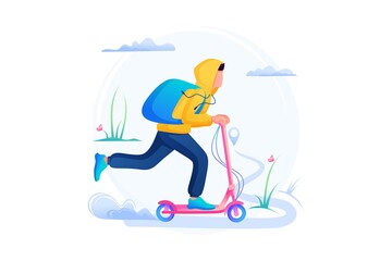 Young Guy Courier, Delivery Of Goods On An Electric Scooter. Flat 2D Web Design