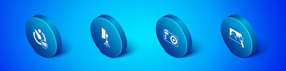 Set Isometric Camera timer, Photo camera, retouching and Softbox light icon. Vector