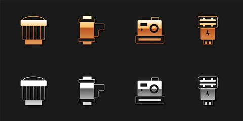 Set Camera photo lens, roll cartridge, Photo camera and flash icon. Vector