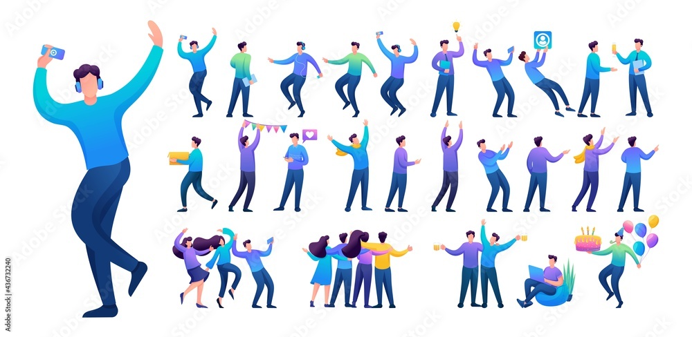 Poster set of a fun teen man. presentation in various in various poses and actions. 2d flat character vecto