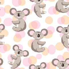 Seamless pattern with cute koala baby on color background. Funny australian animals. Card, postcards for kids. Flat vector illustration for fabric, textile, wallpaper, poster, gift wrapping paper.