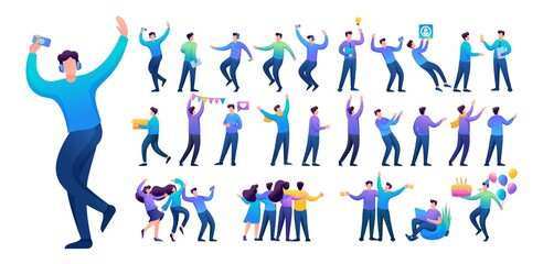 Set of a fun teen man. Presentation in various in various poses and actions. 2D Flat character vector illustration N1