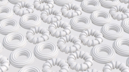 White circle shapes. White background. Abstract illustration, 3d render.