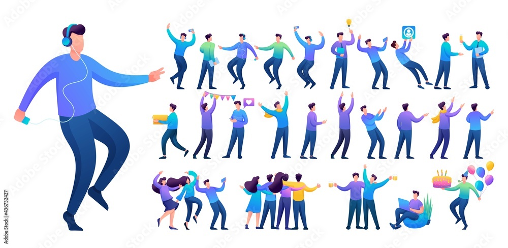Poster set of a fun teen man. presentation in various in various poses and actions. 2d flat character vecto