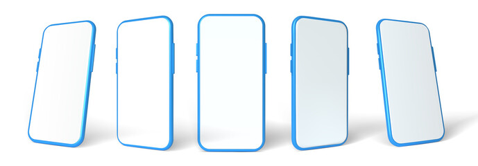 Blue smartphone mockup, 3D vector template set. Mobile phone front view on the white background.
