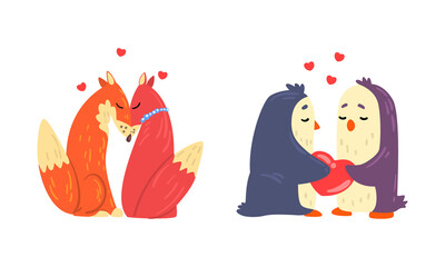 Animal Couples in Love Set, Cute Romantic Fox and Penguin Characters Hugging Cartoon Vector Illustration