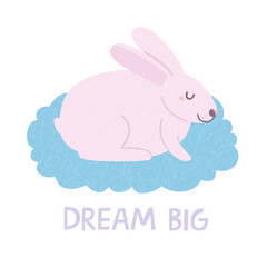 Cute bunny sits on a cloud vector illustration isolated on white. Hand drawn adorable rabbit and Dream Big lettering quote. Childish happy hare, smiling animal with long ears. Baby nursery art poster