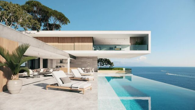 Contemporary house with pool. Pool deck at private villa. 3d visualization