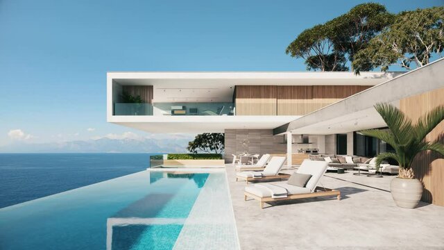 Exterior of a luxury contemporary home. luxury villa with infinity pool. Modern High-End House. 3d visualization