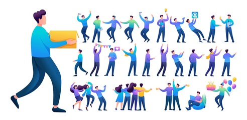Set of a fun teen man. Presentation in various in various poses and actions. 2D Flat character vector illustration N3
