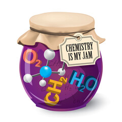Chemistry is my jam. Funny vintage concept.
Illustration of jam glass jar with chemistry 3d symbols and label with slogan. Vector available