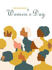 Postcard with International Women's Day. Postcard template in trending colors 2021 with women of different nationalities and religions. 