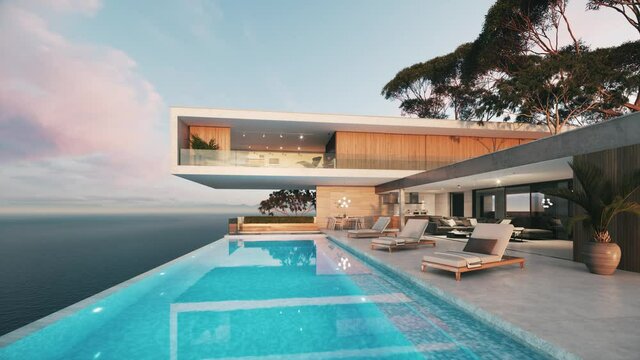 Modern luxury villa at sunset. Private house with infinity pool. 3d visualization