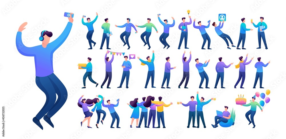 Poster set of a fun teen man. presentation in various in various poses and actions. 2d flat character vecto