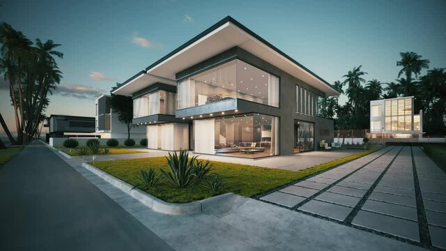 Modern luxury house at dusk. Private house exterior at sunset. 3d visualization
