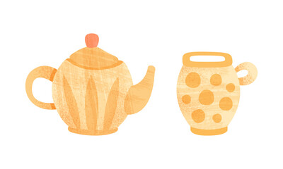 Clay Kitchenware Set, Ceramic Pottery with Decorative Ornament, Teapot and Mug Crockery Cartoon Vector Illustration