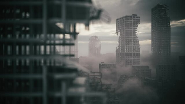 Ruined city from war. Apocalypse city in fog. Destroyed after war. The aftermath of the war. 3d visualization