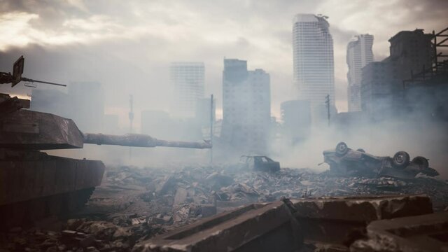 Aftermath destroyed city. Tank on the background of the city destroyed by the war. 3d visualization