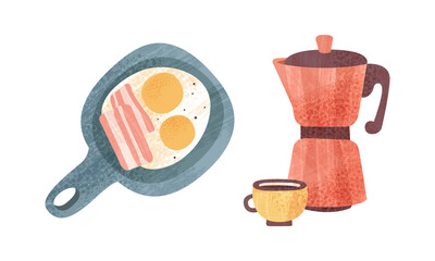 Healthy Breakfast Meal Set, Classical Menu with Fried Eggs and Coffee Cartoon Vector Illustration