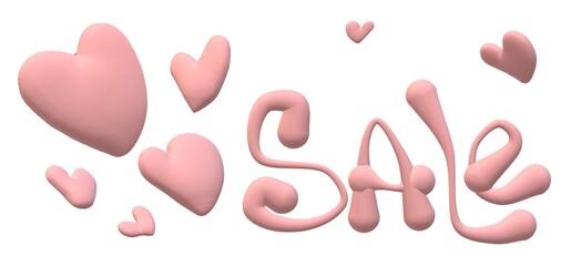 Sale pink 3D letters isolated on white background with hearts. Illustration for sale banner. Realistic 3d calligraphy sign. Poster or banner design for landing page
