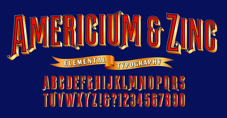 Americium and Zinc; Elemental typography alphabet with an Americana-style red, white, gold and blue color scheme. Good for Independence Day, Memorial Day, and Veteran's Day graphics.