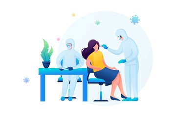 Risk Of Spreading The Virus. Doctor Takes An Analysis To Detect The Virus. Characters. Flat 2D Web Design