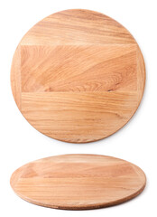 Wooden kitchen pizza board set on white background. Isolated