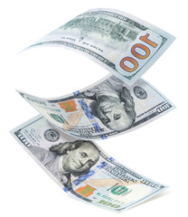 Dollars bills falling close-up on a white background. Isolated