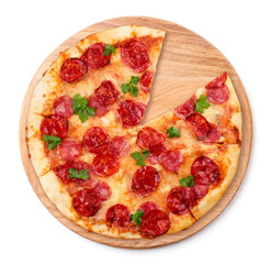 Round pizza with salami and mozzarella on a kitchen pizza board on a white background, isolated.