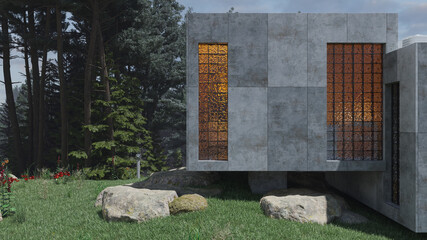 Slightly Raised Section of a Concrete House in Daylight with Glass Bricks 3D Rendering