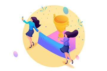 Isometry Web Design Template. Winners, Girls Celebrate Success, Receive a Prize. Achieving a Business Goal. Vector Illustration