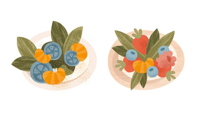 Healthy Food on Plates Set, Mangosteen, Mandarin, Citrus, Strawberry, Blueberry, Raspberry Cartoon Vector Illustration