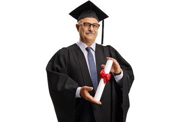 University dean in a graduation gown holding a diploma