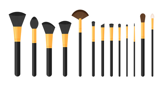 Set of black pure professional brushes for makeup. Make up artist kit. Angle, fan and flat brush. Vector illustration isolated on white background.