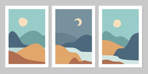 Set of aesthetic modern natural abstract landscape background with mountain, forest, sea, sky, sun and river. Minimalist boho poster cover template. Design for print, postcard, wallpaper, wall art.