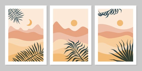 Set of aesthetic modern natural abstract landscape background with mountain, leaf, sky, sun and moon. Minimalist boho poster cover template. Design for print, postcard, wallpaper, wall art.