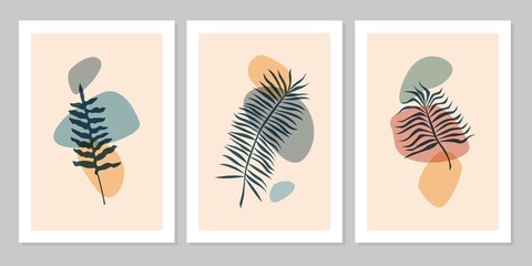 Fototapeta na wymiar Hand drawn botanical wall art abstract set boho tropical leaf with color shape isolated on beige background. Vector flat illustration. Design for pattern, posters, invitation, greeting card