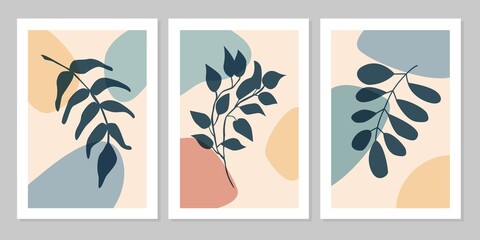 Fototapeta na wymiar Hand drawn botanical wall art abstract set boho tropical leaf with color shape on beige background. Vector flat illustration. Floral design for pattern, posters, invitation, greeting card