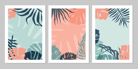 Set of background with abstract tropical leaves. Boho foliage exotic leaves. Perfect template for social media, poster, cover, invitation, brochure  greeting card, summer sale banner