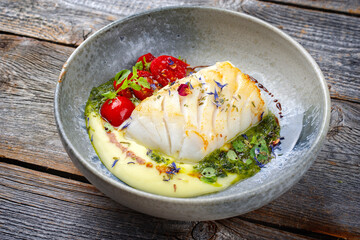 Modern style traditional fried skrei cod fish filet with mashed potato cream and coriander lime...