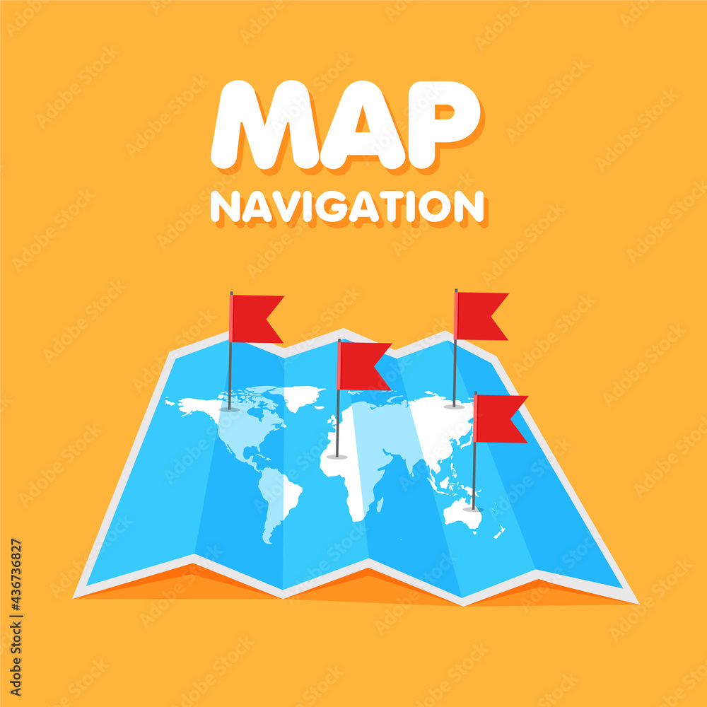 Poster cartoon world travel map colored flags on it. location and pinpoints on a global map. vector illustr