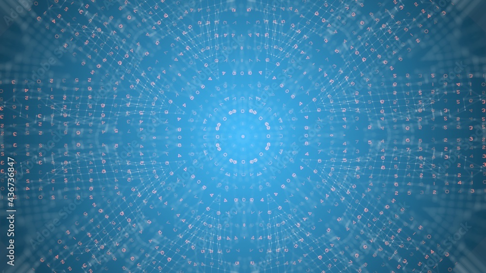 Poster matrix blue background of different symbols circling around conveying connectivity and complexity of