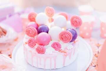Party decoration birthday or wedding cake. pink and violet colors sugar chocolate sphere