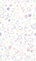 Birthday party hand-drawn elements icons seamless pattern for decor, birthday plates, birthday banner, party plates, party dinnerware, birthday tablecloth and fabric, party hats, cards, background