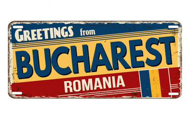 Greetings from Bucharest vintage rusty metal plate