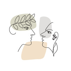 Linear vector illustration of male and female faces in profile with floral decorative elements and colored spots. Isolated hand drawing on a white background.