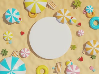 3d render top view of white blank cylinder frame for mock up and display products with summer beach scene and shadow of palm leaves. Summer time season background.