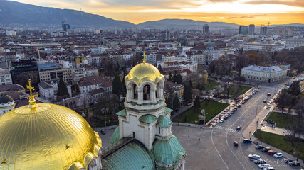 Aerial shot of the Cathedral Saint Aleksandar Nevski and buildings in Sofia, Bulgaria