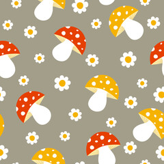 Seamless pattern with mushrooms and flowers.  It can be used for wallpapers, wrapping, cards, patterns for clothes and other.